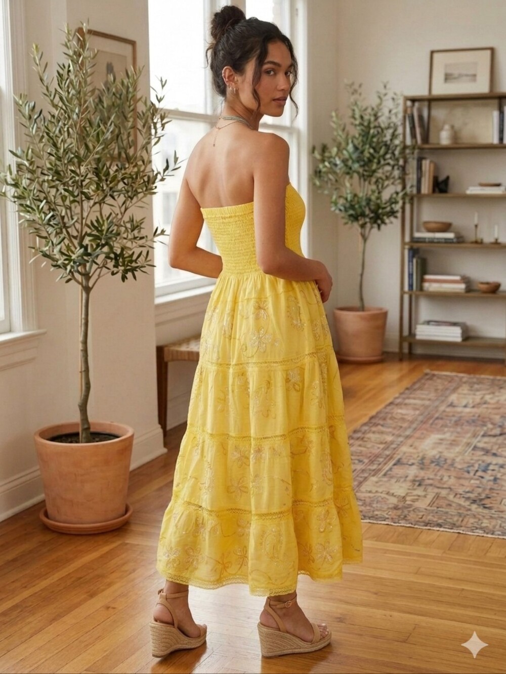 Yellow Smocked Strapless Maxi Dress Boho Embroidered Tiered Pop Sundress OS